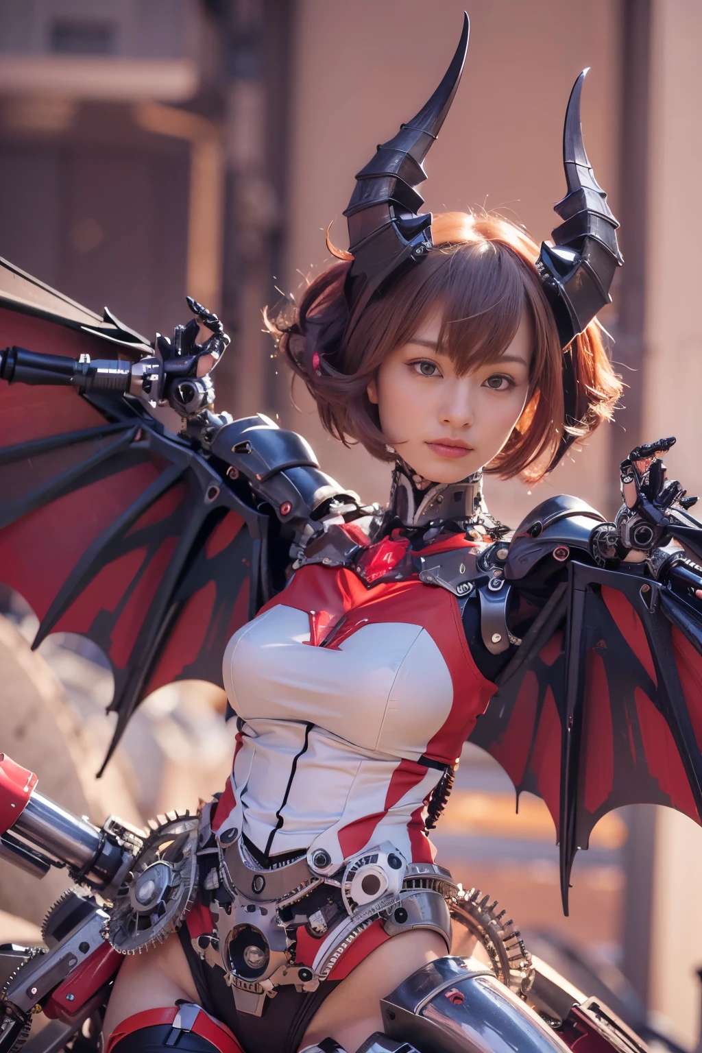 (masterpiece, best quality:1.2), (8k uhd, 16k, 32k, ultra high res), (photorealistic:1.37), (RAW photo), ultimate-realistic, ultimate-realistic details, ultimate-realistic texture, ultimate-intricate details, ultimate-realistic lighting, ultimate-realistic shadow, japanese girl, ultimate-cute face, ultimate-RAW skin, ultimate-realistic eyes, (mechanical:1.4),  (armor), full body, wide shot, Evil organization, demons, horns, bat wings, red hair, bob cut, mechanical armor, reddish-black skin, red eyes, flying with Satanic castle in background