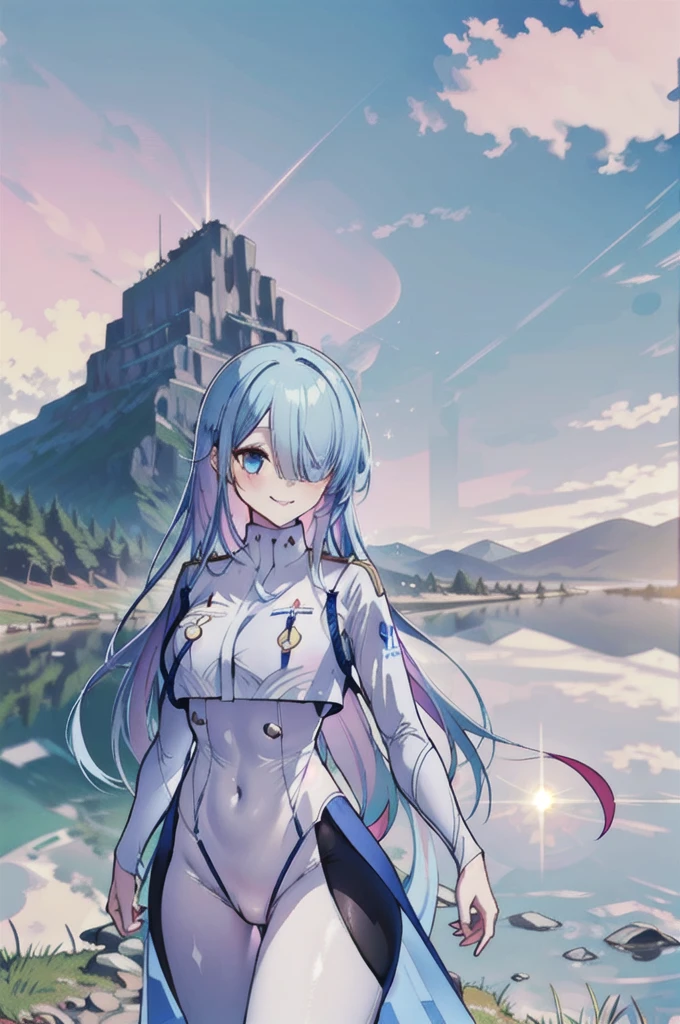 masterpiece, highest quality, Lens flare, Depth of the bounds written,
1 girl, GSC Chairman, Hello, colorful hair, hair above one eye, blue eyes, Single-edged, bangs , Mecha musume, Mecha, Mecha服, tight bodysuit, Holding a weapon, with a sword, Large sword, Raise your sword, Excalibur, evil smile, :3,
scenery, outdoor, null, Day, wood, cloud, Mountain, Grass, landscape, blue null, Home, nature, building, water, bird, fantasy, cliff, road, city, forest, river, hill, town, path, waterfall,