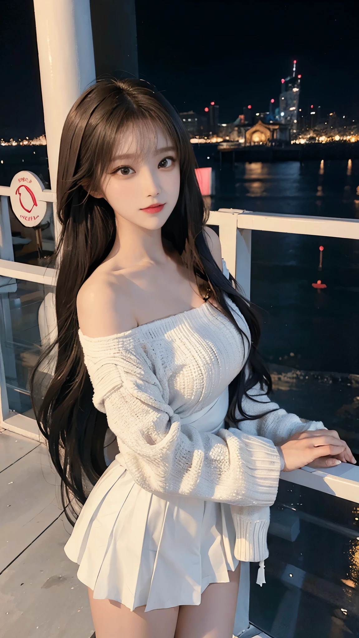 A beautiful Chinese girl wearing an off-shoulder white sweater dress and black pantyhose,Height 160,Weight 45kg,Perfect body,fairer complexion,Oval face,Deep facial features,Long brown hair,A confident smile,A little blush on face,light pink eyeshadow,night time，Posing against the railing on the observation deck,Realistic style,masterpiece