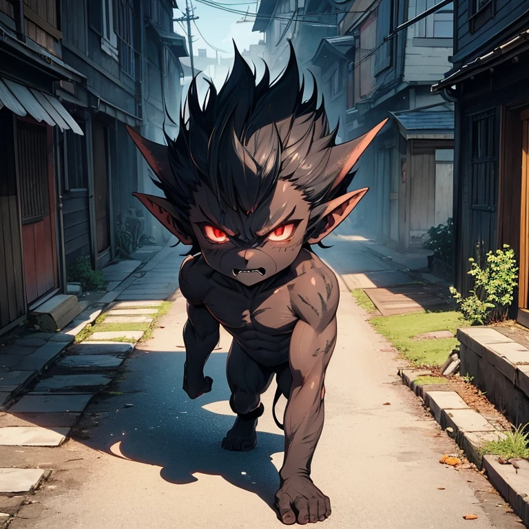 semi-realistic anime, small imp like creature, half a metre tall, like a bald cat, small horns, hoofs, curled tail, menacing human like face, reddened skin blackened with soot, very large menacing eyes, background is a run-down Viking street with wooden houses