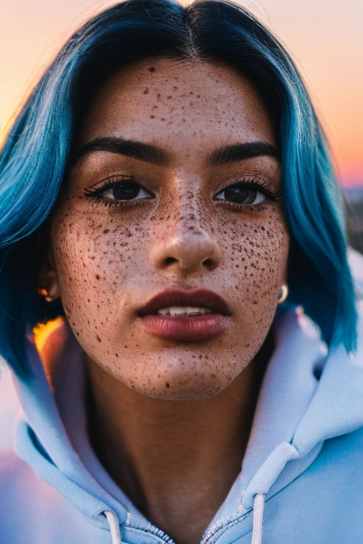 Blue hair Best anamorphic lens photography 50mm lens Close-up of a woman with freckles。In the background, the setting sun shines on her hair.、background is blurry。Hiphop fashion。fashionable。NIKE sneakers。hoodie