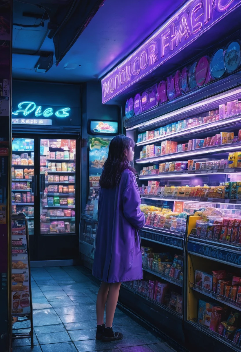 1girl, midnight convenience store, aesthetic, vibrant city lights, dimly lit shelves full of snacks and drinks, a cashier with tired eyes, fluorescent lighting casting a soft glow, late-night customers browsing the aisles, flickering neon signs outside the store, a sense of mystery and solitude, a hazy atmosphere with a touch of nostalgia, cinematic and atmospheric, high-res details capturing the smallest nuances, a combination of realism and dream-like quality, urban aesthetic blending with a hint of surrealism, cool blue and purple tones, soft shadows and subtle highlights, an ambiance that evokes a sense of tranquility and possibility in the midst of the night.