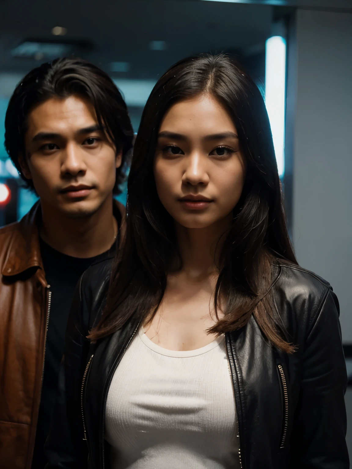 Inspired by Adam Dario Keel who is trending in the CG community, a handsome Indonesian man with black hair stands next to a beautiful young Korean woman with long blonde hair covering her forehead, a man dressed in a shirt and a woman wearing a leather jacket. singer, movie screencap, model Eliza Hess from acquamodels. Black background