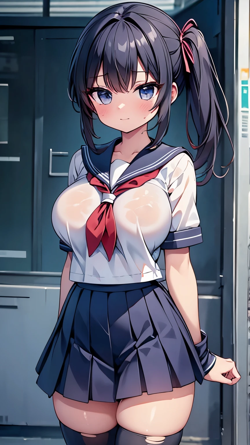 highest quality,wonderful,finely,extremely detailed CG Unity 8K wallpaper, (1 girl, black hair, side ponytail),(torn clothes:1.5),(huge breasts:1.1),(sailor uniform:1.3), (zettai ryouiki:1.4)