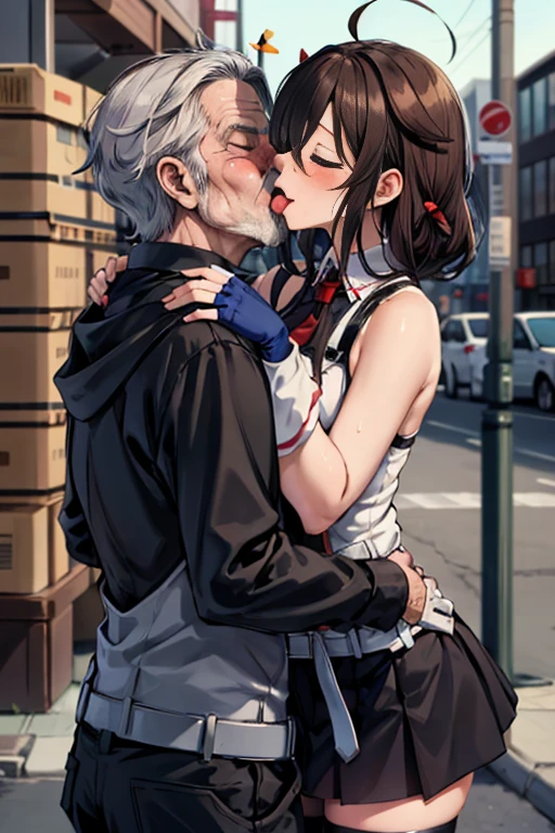 {perfect anatomy},((beautiful face:1.5)),((Pregnant: 0.8)), (((french kiss, 1 girl, 1homeless Old Man, hetero,kiss, french kiss, tongue kiss:1.5))),(Ahegao, blush, Sweat, Open mouth, Rolling eyes, Tears, Tongue out,)(Parted lips),(Closed eyes),(Feeling weak), best quality, (8k, best quality, masterpiece, ultra high res, , Super Detail), Ultra Detailed, Detailed Skin, (an extremely delicate and beautiful), BREKA,1 japanese beautiful airl, ShigureKaiSanKC, (sleeveless) shirt, (black and white) two-tone shirt, (black) pleated skirt, (black) thigh highs, (red) necktie, (white) belt, (black) fingerless gloves, (red) hand ribbon, hair over shoulder, hair ornament, hair between eyes, blue eyes,hair bow, long belt, BREAK perfect hands, detailed hands, best hands.