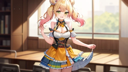 ​masterpiece,1girl in, solo, Nene_Official, Double bun, twosideup, corsets, Cleavage cutouts, layered skirts, Multicolored bows, white sock, is standing,cheer girl, A smile