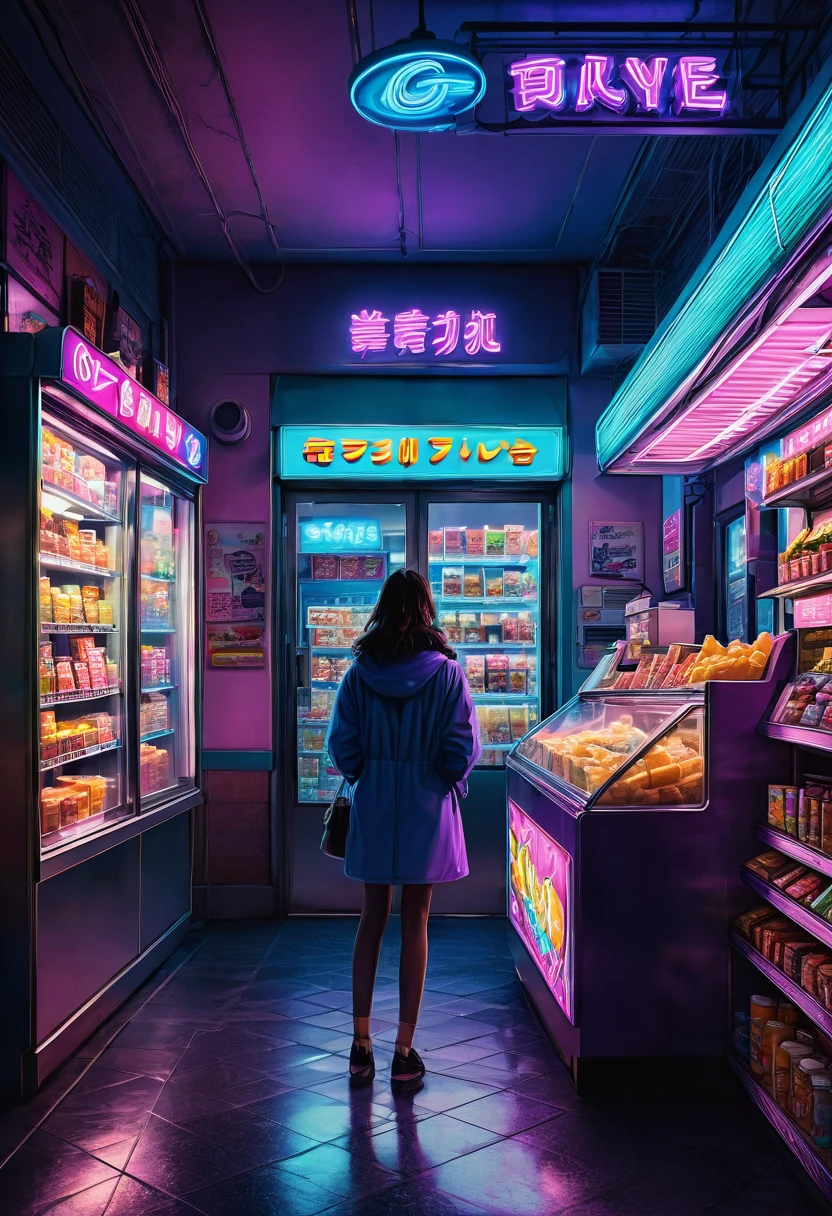 1girl, midnight convenience store, aesthetic, vibrant city lights, dimly lit shelves full of snacks and drinks, a cashier with tired eyes, fluorescent lighting casting a soft glow, late-night customers browsing the aisles, flickering neon signs outside the store, a sense of mystery and solitude, a hazy atmosphere with a touch of nostalgia, cinematic and atmospheric, high-res details capturing the smallest nuances, a combination of realism and dream-like quality, urban aesthetic blending with a hint of surrealism, cool blue and purple tones, soft shadows and subtle highlights, an ambiance that evokes a sense of tranquility and possibility in the midst of the night.