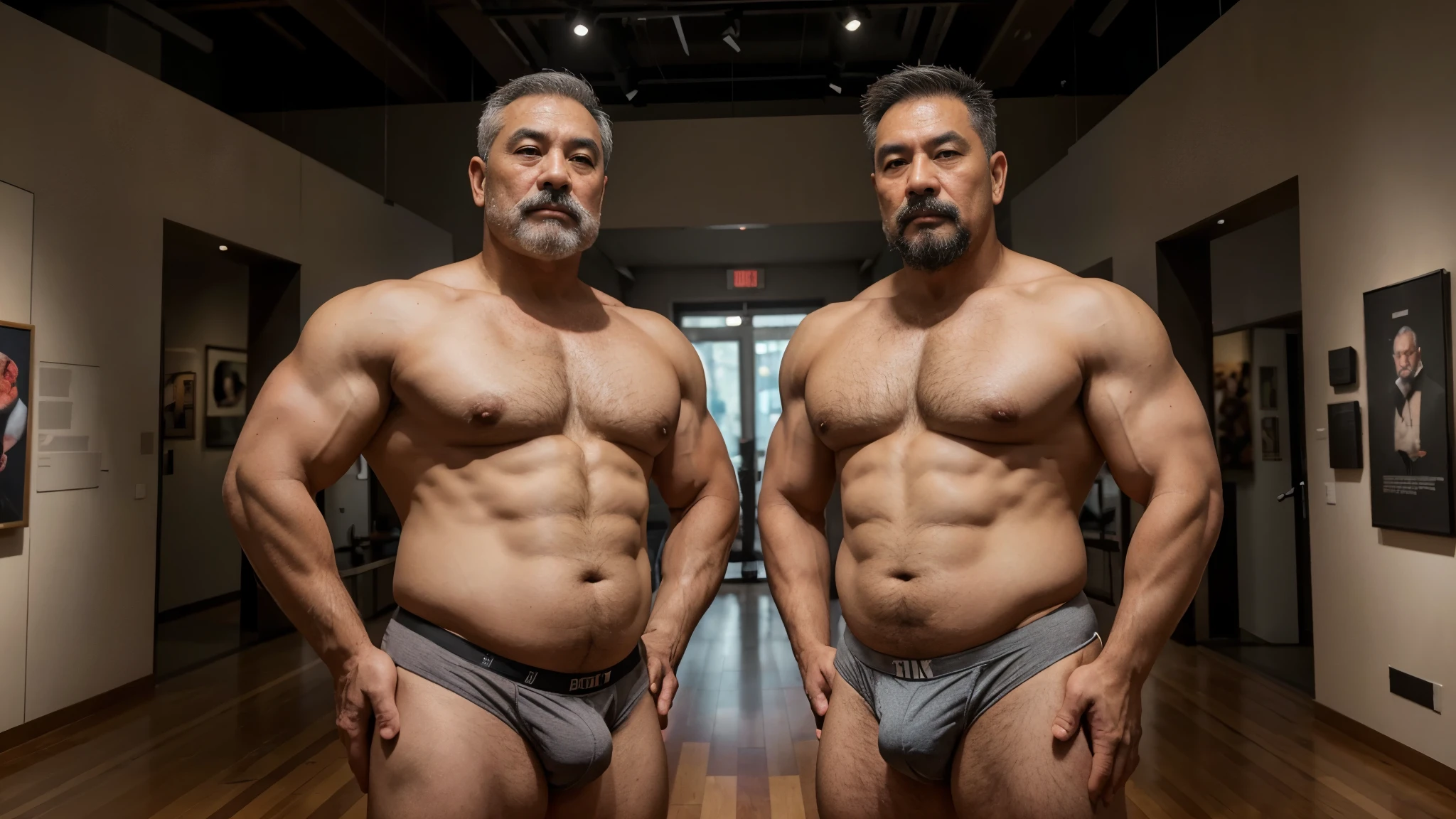 2 Vietnamese grandfathers with gray hair, mature face, a thick gray mustache, a short gray chin beard, bear body, wearing a massive bulging gray jockstraps stand in museum, have belly, big muscular chest, a sexy pose, show underwear.
