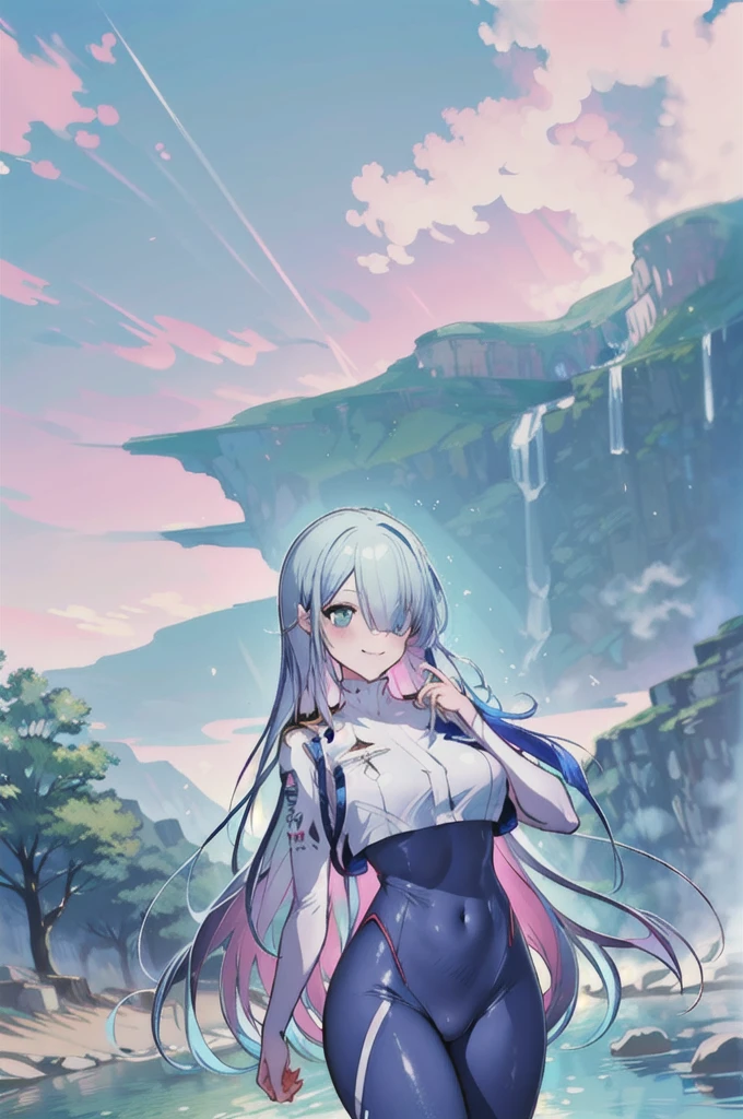 masterpiece, highest quality, Lens flare, Depth of the bounds written,
1 girl, GSC Chairman, Hello, colorful hair, hair above one eye, blue eyes, Single-edged, bangs , Mecha musume, Mecha, Mecha服, tight bodysuit, Holding a weapon, with a sword, Large sword, Raise your sword, Excalibur, evil smile, :3,
scenery, outdoor, null, Day, wood, cloud, Mountain, Grass, landscape, blue null, Home, nature, building, water, bird, fantasy, cliff, road, city, forest, river, hill, town, path, waterfall,