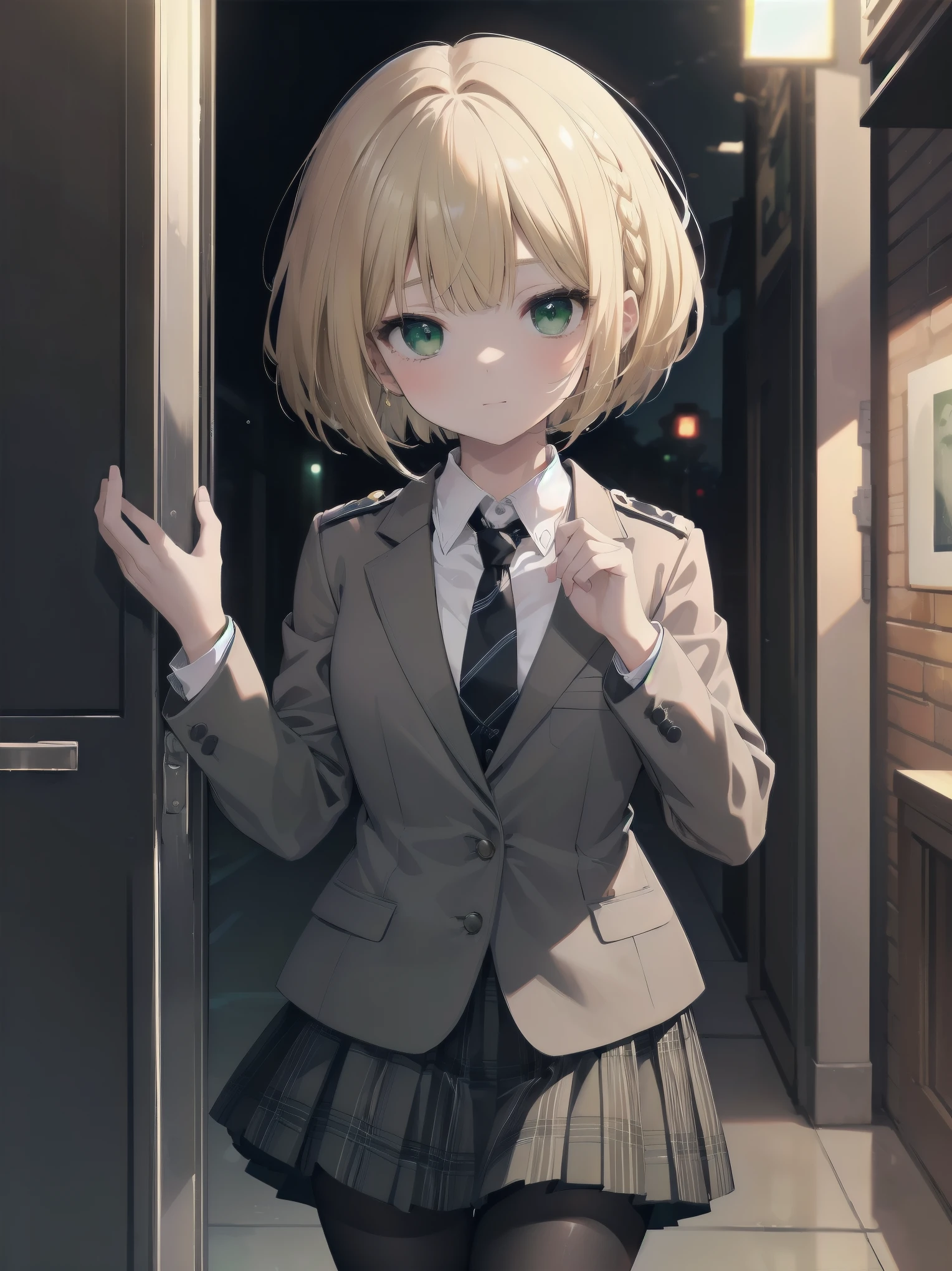 Top-High quality、Highest image quality、masterpiece、high contrast、Elegant、erotic expression、high school girl、blonde、Bob cut braids、uniform、(brown blazer)、ribbon tie、(Green and gray plaid skirt)、(black tights)、cinematic lighting、fine shading、cute、Truly unbelievably cute absurd、outside、outside苑