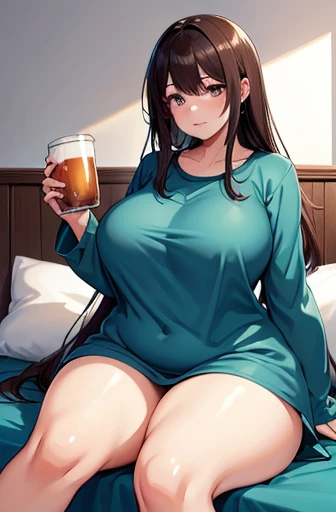 an angel woman sitting on a couch with a glass of beer, chubby mommy anime girl, top rated on pixiv, at pixiv, thicc, plump, voluptuous, pixiv, popular on pixiv, wide angel, pixiv, with a drink, 4k digital art, chocolate brown hair, small angel wings, heaving breasts, long sleeves, teal pajamas, long teal gown, thick long hair