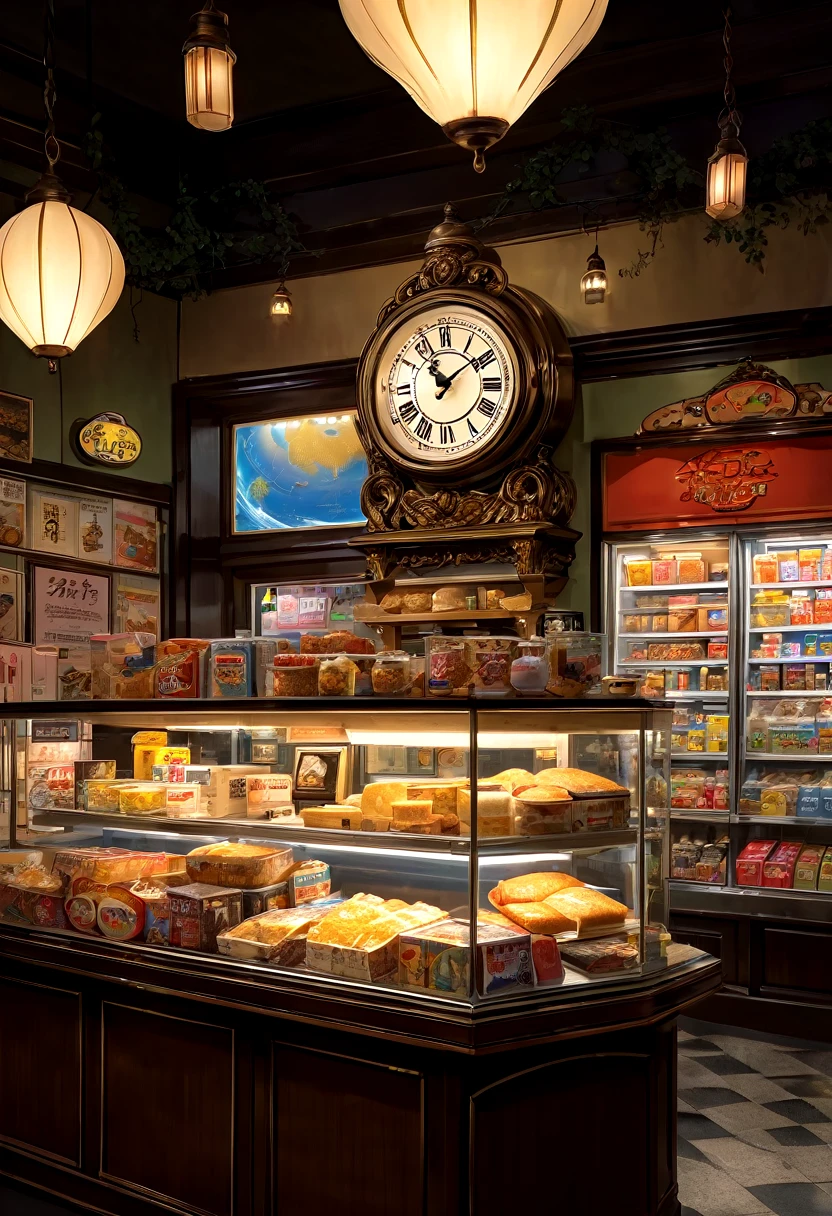 The surroundings are dark, the lights are very dim, and the surroundings are even darker. The surroundings are dark, dreamy lights, dim lighting, art, a big old retro clock, and the sound of the pendulum. The sound of the pendulum can often be heard in convenience stores at midnight.,Every move attracts attention,Makes the whole scene more mysterious。 Old fashioned decor and snacks on the cabinet counter at midnight convenience store,There are usually a variety of snacks on the counter.,Such as bread、Desserts, etc.,They look tempting, As if silently telling a story about midnight。Intricate and detailed, paint by numbers, Art station illustration, Artworks Official Artworks, top quality, best quality