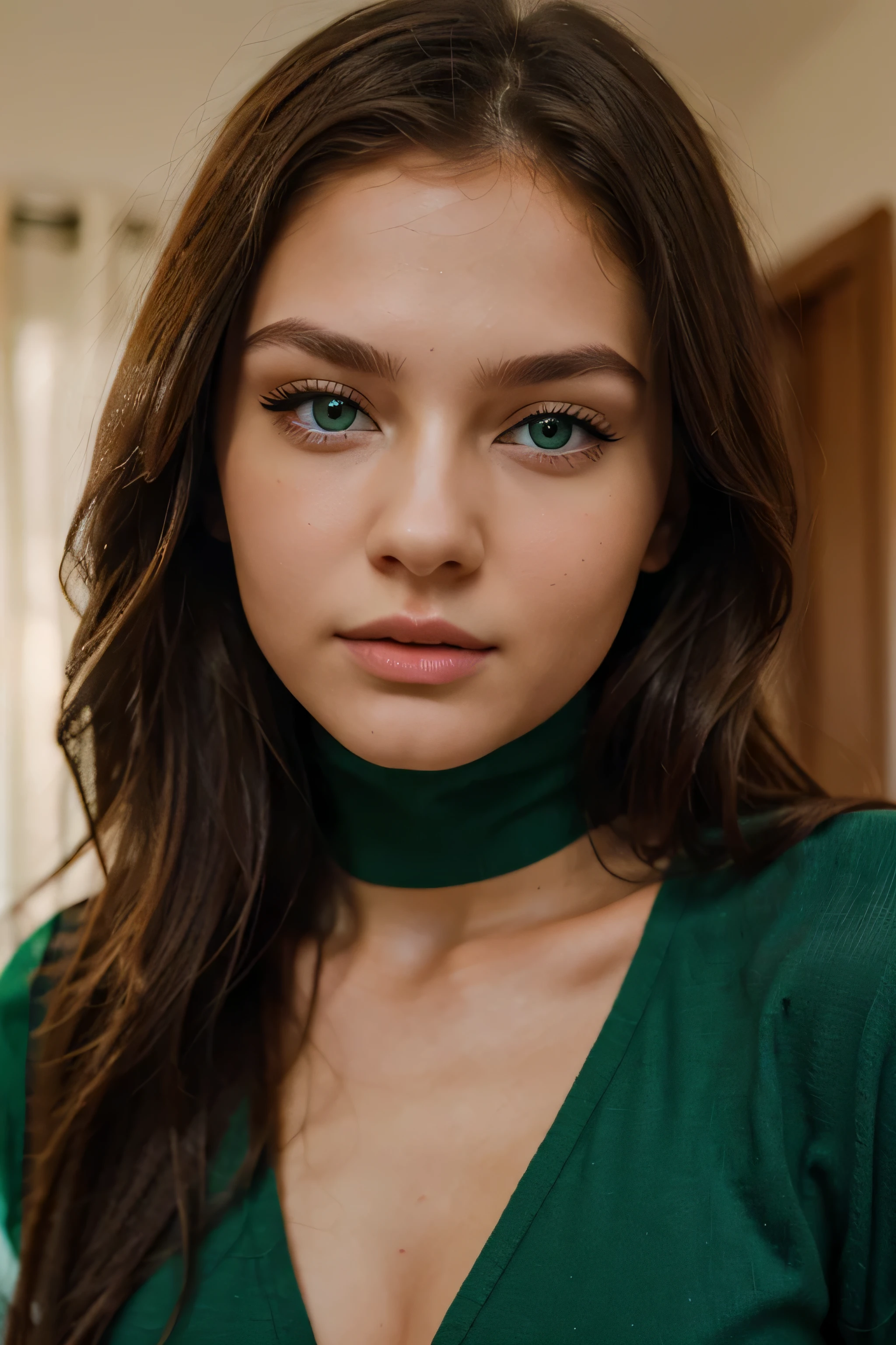 Only zoom on face, perfect top model, russian girl, green eyes