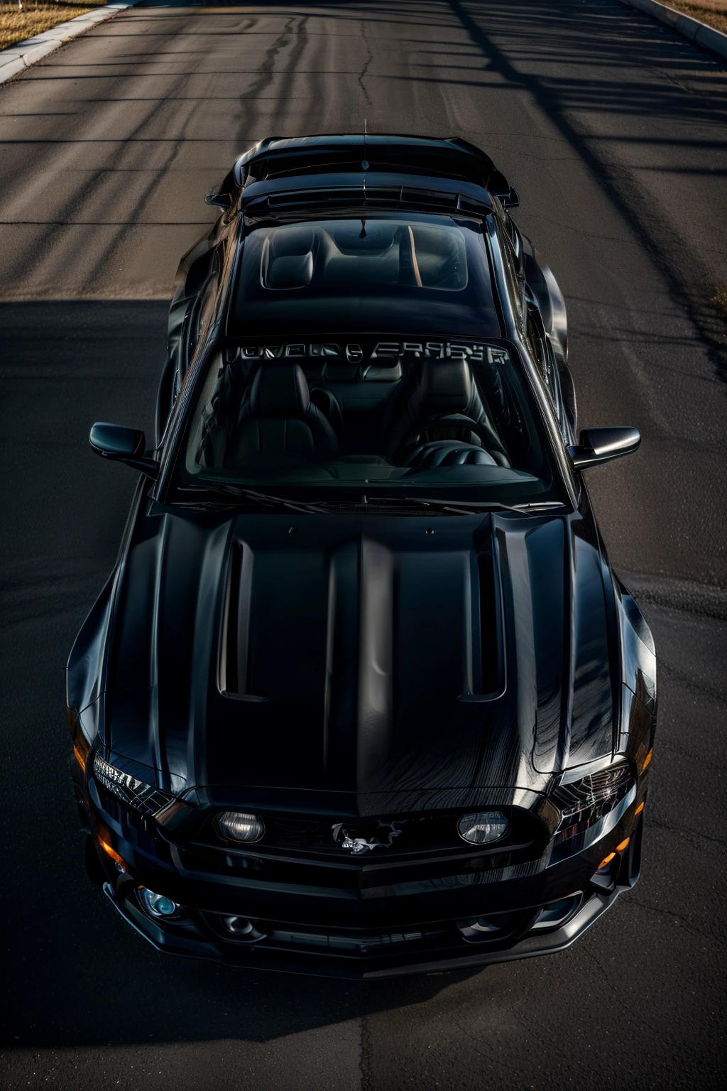 A 2013 Mustang GT, sleek and menacing in its black on black murdered out style, sits majestically against the backdrop of autumn colors. Every detail of the high-specification vehicle shines under the cinematic lighting, from the tinted windows to the intricate stitching of the black leather interior. The engine roars with power, emitting a low growl that adds to the overall aura of sophistication and prowess. The 8.3 MP image, capturing the Mustang in its element, is rendered in ultra-high-definition resolution, with every curve and crease of the vehicle's body detailed and photo-realistic. The Mustang GT'