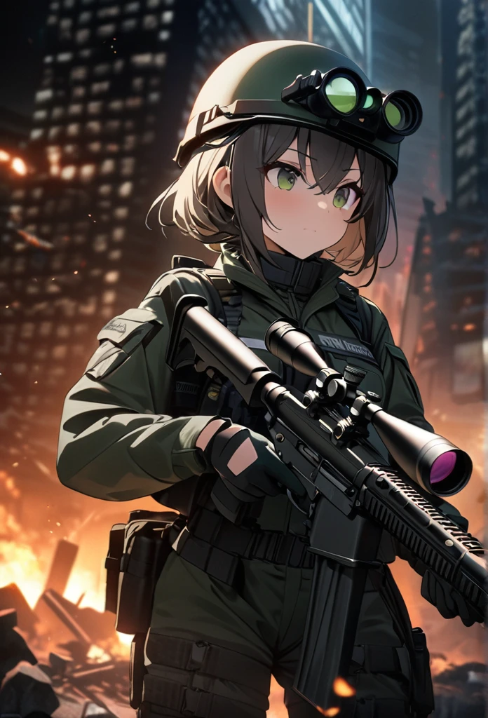 High quality, high definition images, full HD、8k.1 girl Short chestnut hair wearing US combat uniform Wear a helmet deeply, holding a rifle、Midnight city area, wearing a night scope,binocular night scope, pitch black The light of the night scope is green,,shooting a gun from the rubble,Lower the night scope to your eyes,