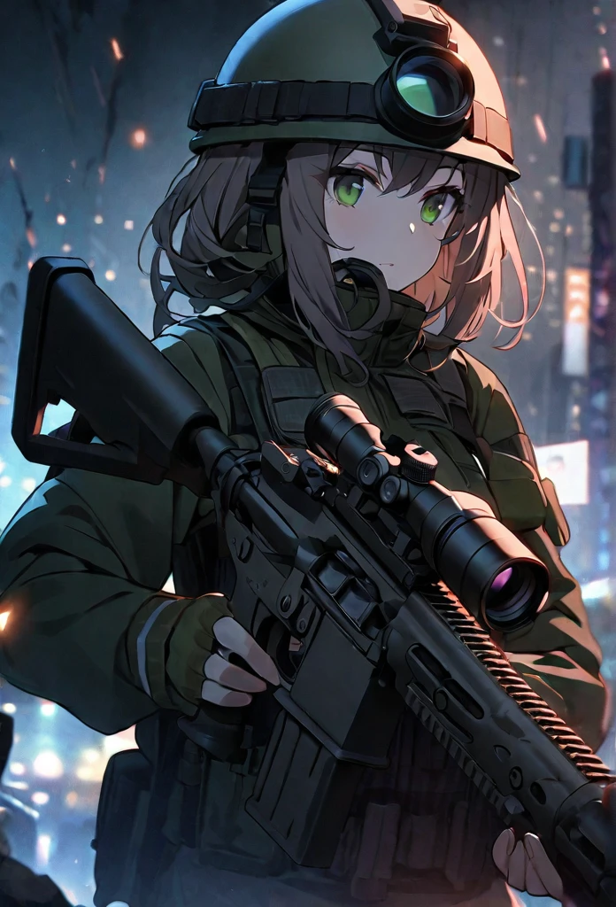 High quality, high definition images, full HD、8k.1 girl Short chestnut hair wearing US combat uniform Wear a helmet deeply, holding a rifle、Midnight city area, wearing a night scope,binocular night scope, pitch black The light of the night scope is green,,shooting a gun from the rubble,Lower the night scope to your eyes,