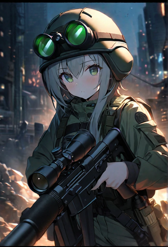High quality, high definition images, full HD、8k.1 girl Short chestnut hair wearing US combat uniform Wear a helmet deeply, holding a rifle、Midnight city area, wearing a night scope,binocular night scope, pitch black The light of the night scope is green,,shooting a gun from the rubble,Lower the night scope to your eyes,