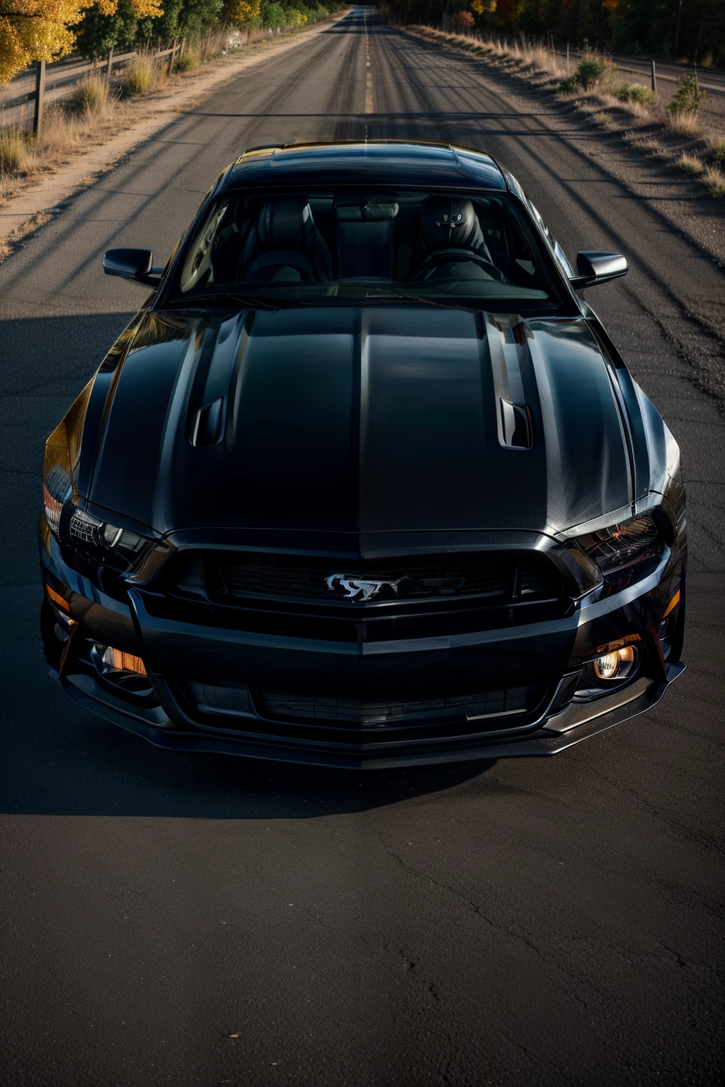 A 2013 Mustang GT, sleek and menacing in its black on black murdered out style, sits majestically against the backdrop of autumn colors. Every detail of the high-specification vehicle shines under the cinematic lighting, from the tinted windows to the intricate stitching of the black leather interior. The engine roars with power, emitting a low growl that adds to the overall aura of sophistication and prowess. The 8.3 MP image, capturing the Mustang in its element, is rendered in ultra-high-definition resolution, with every curve and crease of the vehicle's body detailed and photo-realistic. The Mustang GT'