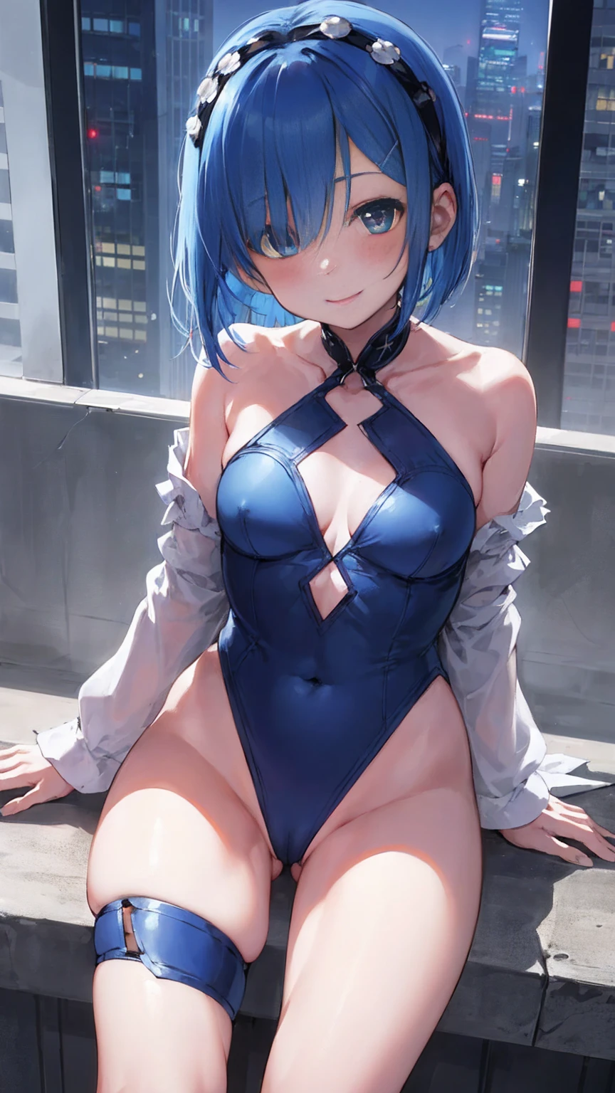 blue hair, Alsom \(Also:zero\), [smile], blush, city,, masterpiece, highest quality, perfect lighting, 1 girl, bob cut，bob hair，hair above one eye、hair accessory、Completely naked、open your legs、