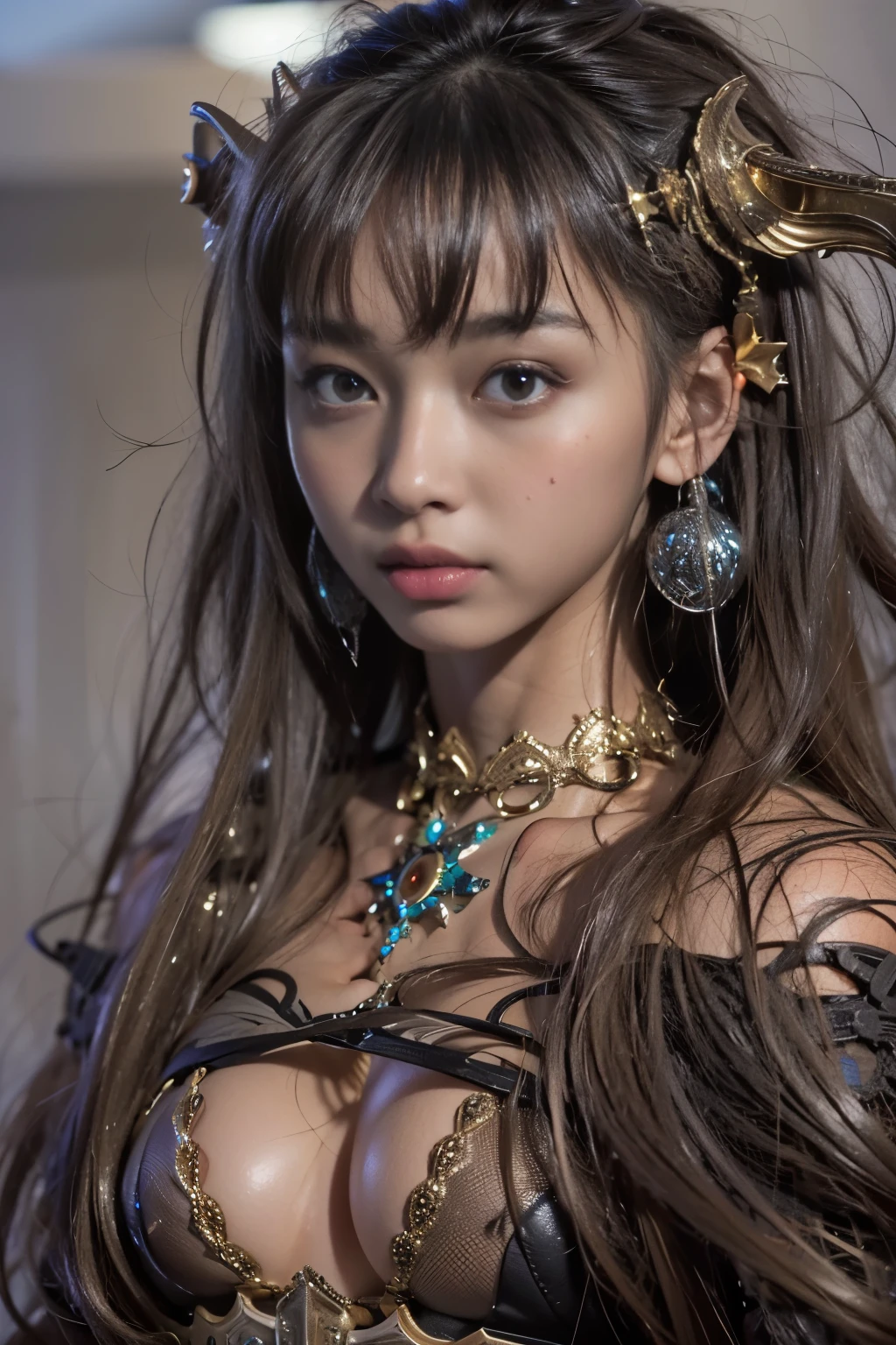 (masterpiece, best quality:1.2), (8k uhd, 16k, 32k, ultra high res), (photorealistic:1.37), (RAW photo), ultimate-realistic, ultimate-realistic details, ultimate-realistic texture, ultimate-intricate details, ultimate-realistic lighting, ultimate-realistic shadow, japanese girl, ultimate-cute face, ultimate-RAW skin, ultimate-realistic eyes, full body, wide shot, Demon, heavy armor, club, brown skin, fangs, in cave