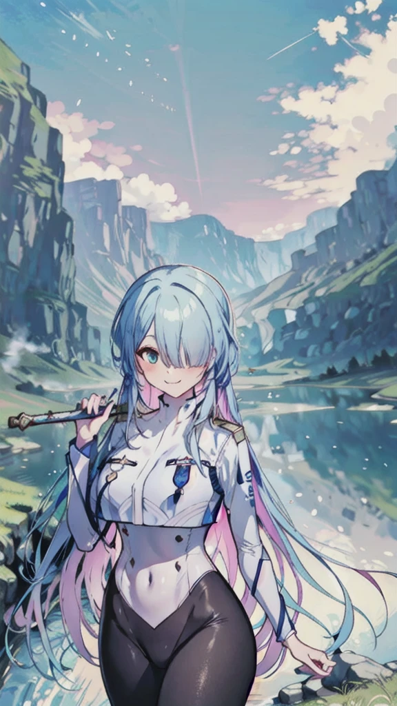 masterpiece, highest quality, Lens flare, Depth of the bounds written,
1 girl, GSC Chairman, Hello, colorful hair, hair above one eye, blue eyes, Single-edged, bangs , Mecha musume, Mecha, Mecha服, tight bodysuit, Holding a weapon, with a sword, Large sword, Raise your sword, Excalibur, evil smile, :3,
scenery, outdoor, null, Day, wood, cloud, Mountain, Grass, landscape, blue null, Home, nature, building, water, bird, fantasy, cliff, road, city, forest, river, hill, town, path, waterfall,