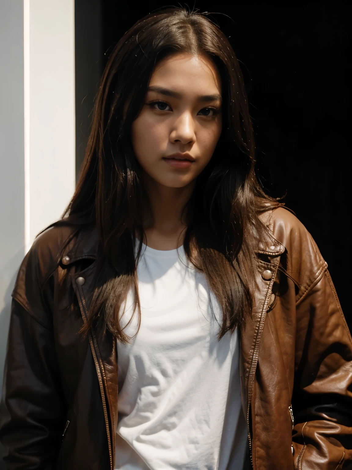 Inspired by Adam Dario Keel who is trending in the CG community, a handsome Indonesian man with black hair stands next to a beautiful young Korean woman with long blonde hair covering her forehead, a man dressed in a shirt and a woman wearing a leather jacket. singer, movie screencap, model Eliza Hess from acquamodels. Black background