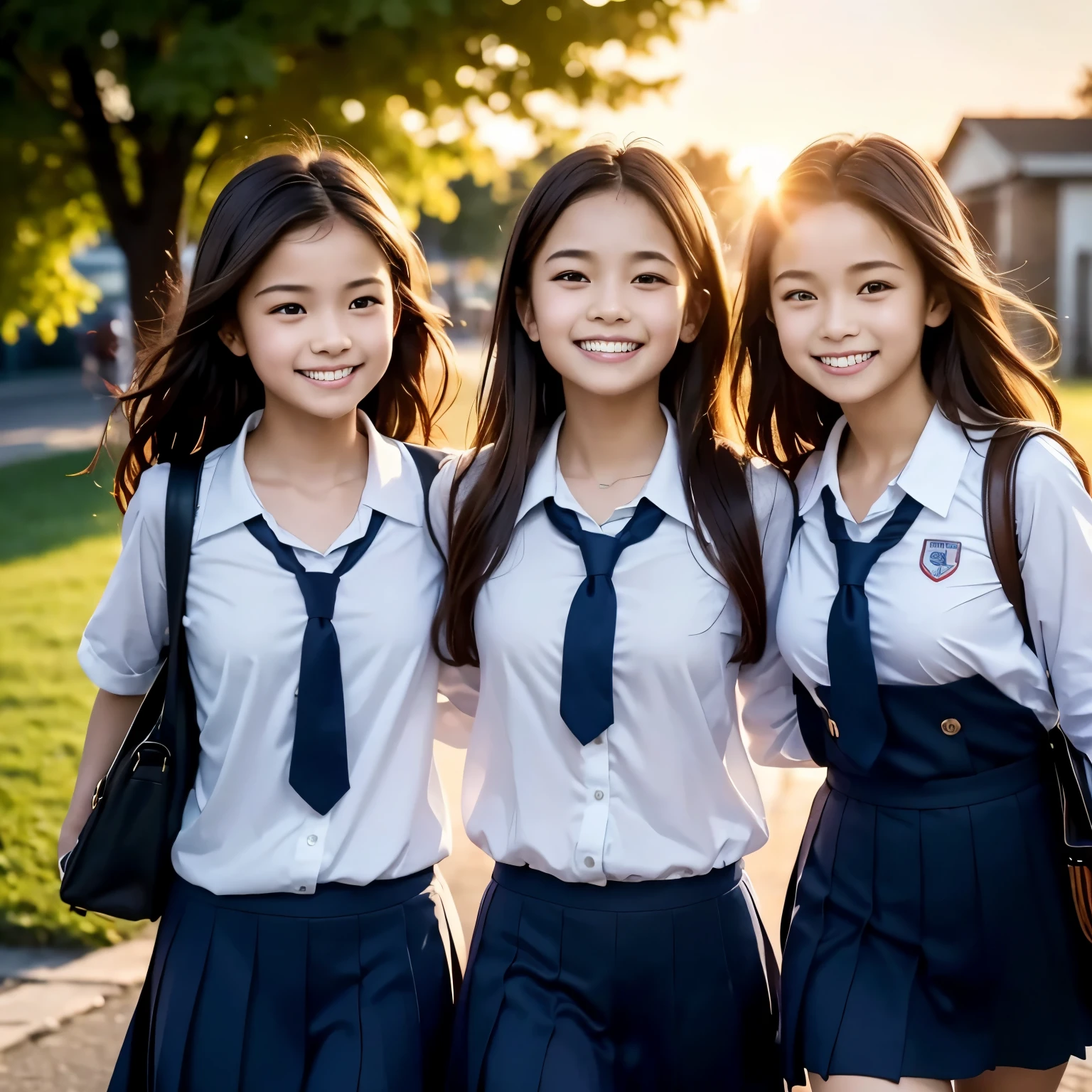 Three girls are leaving school at dusk. Their uniforms are crisp and neat, carrying school bags slung over their shoulders. The sun sets behind them, casting a warm, golden light on their faces. One girl has long, straight black hair, another has wavy chestnut curls, and the third has short bobbed red hair. They walk in sync, chattering animatedly, their laughter filling the air. The details of their features are exquisitely captured, each girl possessing unique and beautiful facial structures. The background is softly blurred, drawing focus to the trio of friends as they make their way home from school. (High resolution, detailed, school-themed, evening scene, girls)