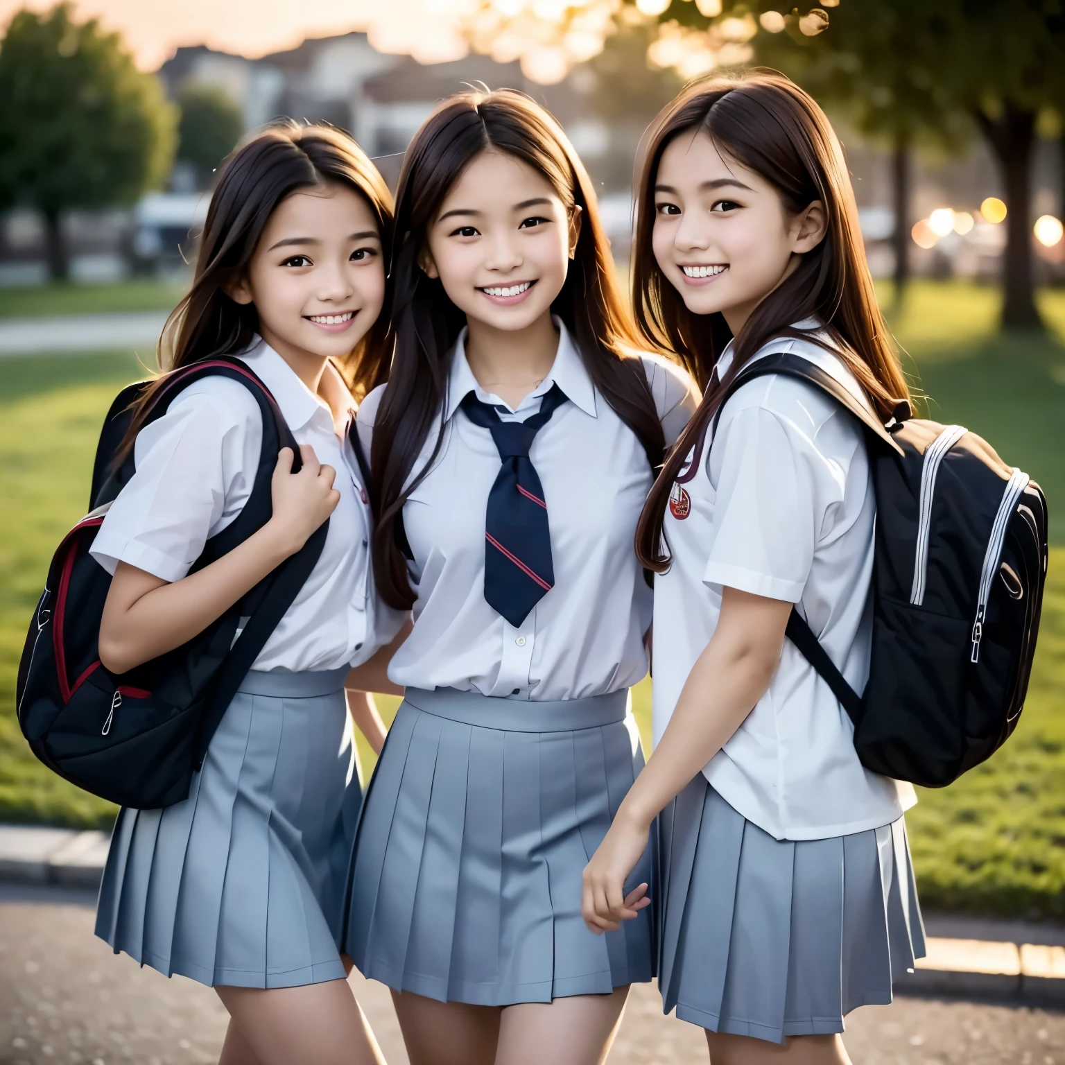 Three girls are leaving school at dusk. Their uniforms are crisp and neat, carrying school bags slung over their shoulders. The sun sets behind them, casting a warm, golden light on their faces. One girl has long, straight black hair, another has wavy chestnut curls, and the third has short bobbed red hair. They walk in sync, chattering animatedly, their laughter filling the air. The details of their features are exquisitely captured, each girl possessing unique and beautiful facial structures. The background is softly blurred, drawing focus to the trio of friends as they make their way home from school. (High resolution, detailed, school-themed, evening scene, girls)