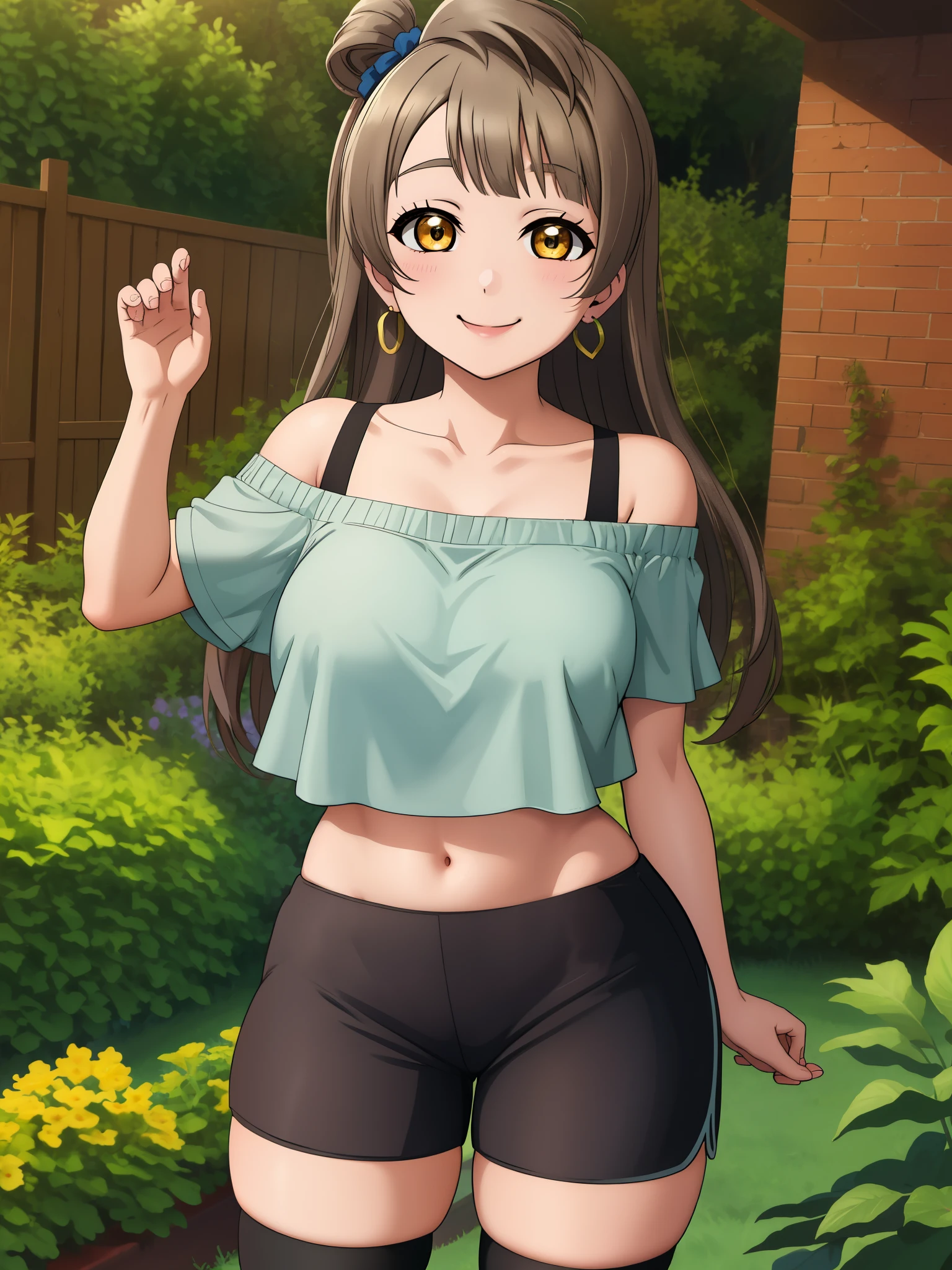 Masterpiece, best quality,solo, (detailed face), minami kotori, curvy body, sexy smile ,(yoga shorts:1.2),earrings, off shoulder crop top,in garden, cowboy shot, thighs, thighhighs