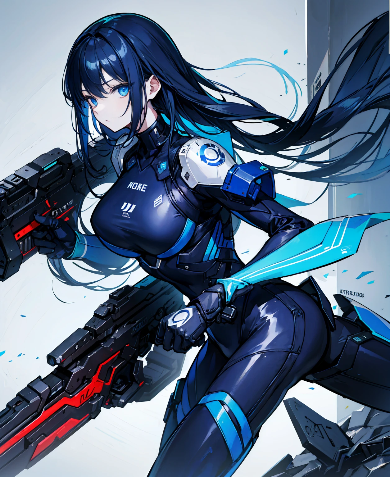 no background，girl，carry a firearm，Enamel-like tight suit，use of firearms，dark blue long hair，attention arousal，blue colored eyes,no gradation