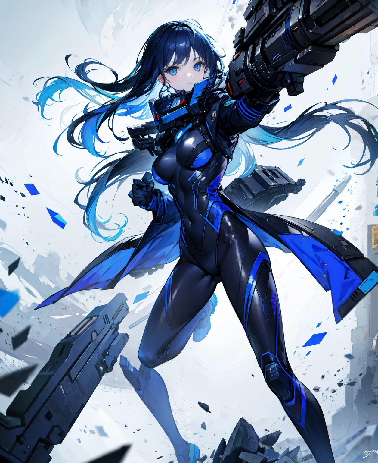no background,girl,carry a firearm,Enamel-like tight suit,use of firearms,dark blue long hair,attention arousal,blue colored eyes,no gradation