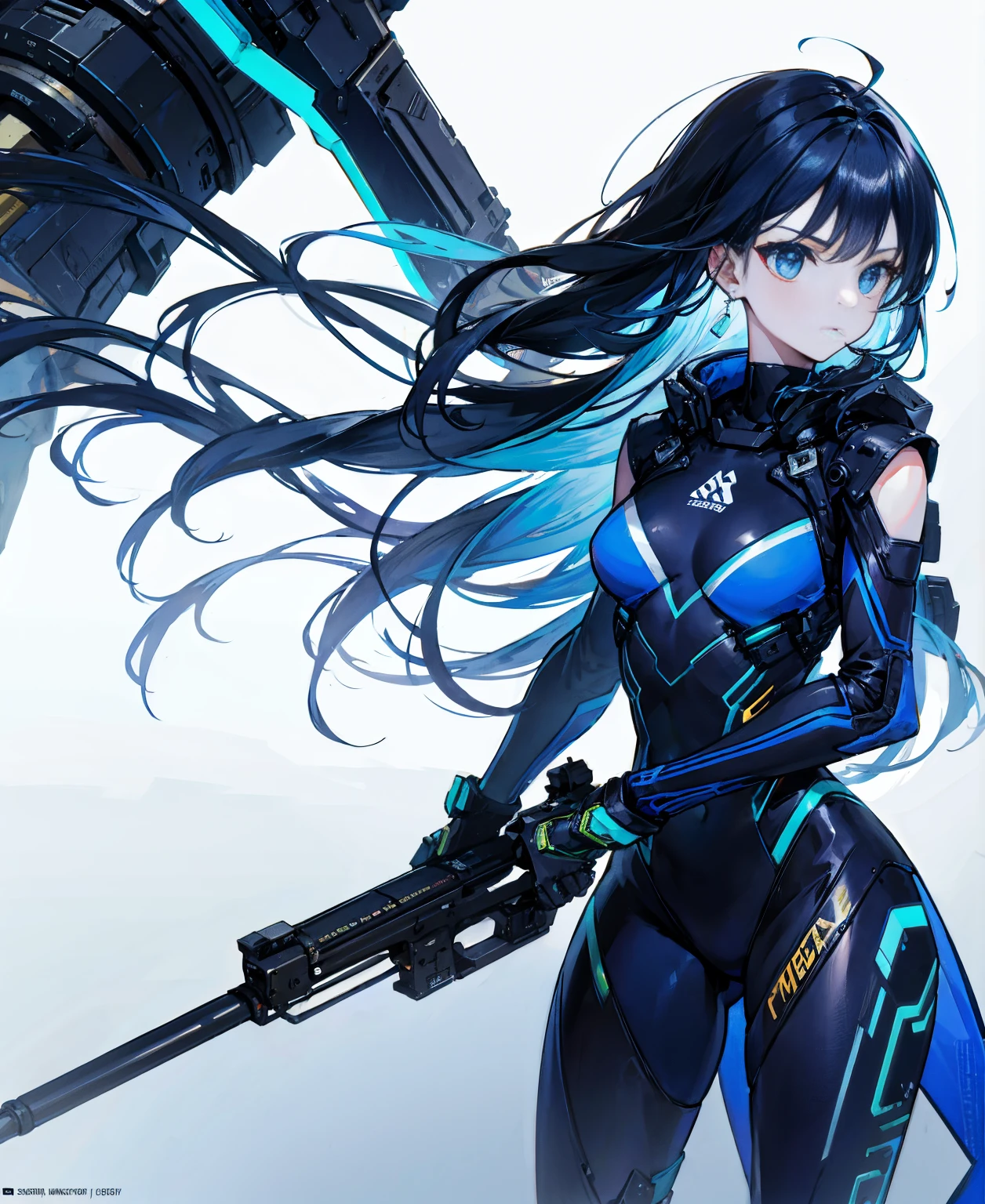 no background,girl,carry a firearm,Enamel-like tight suit,use of firearms,dark blue long hair,attention arousal,blue colored eyes,no gradation