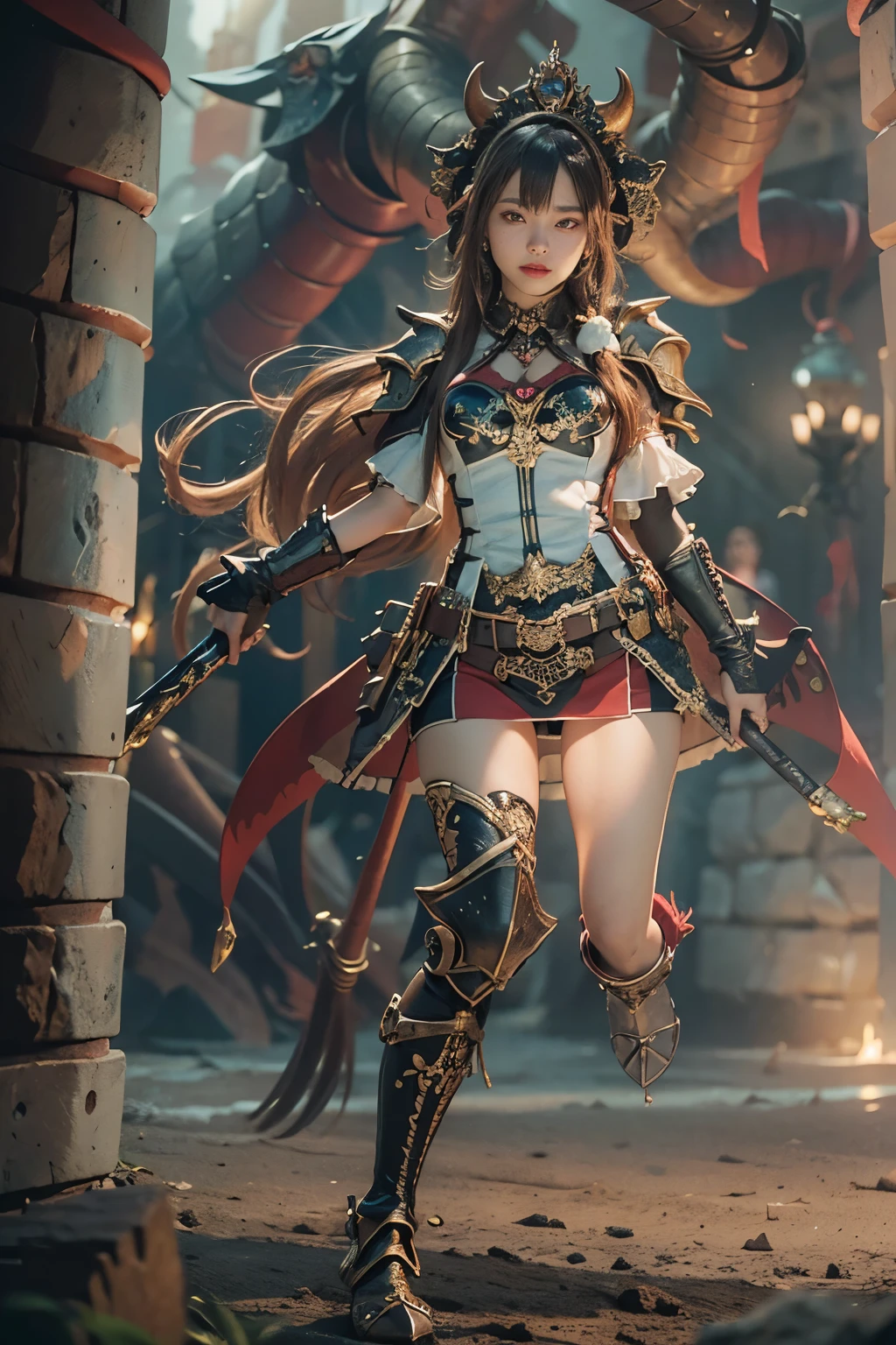 (masterpiece, best quality:1.2), (8k uhd, 16k, 32k, ultra high res), (photorealistic:1.37), (RAW photo), ultimate-realistic, ultimate-realistic details, ultimate-realistic texture, ultimate-intricate details, ultimate-realistic lighting, ultimate-realistic shadow, japanese girl, ultimate-cute face, ultimate-RAW skin, ultimate-realistic eyes, full body, wide shot, Demon, heavy armor, club, brown skin, fangs, in cave