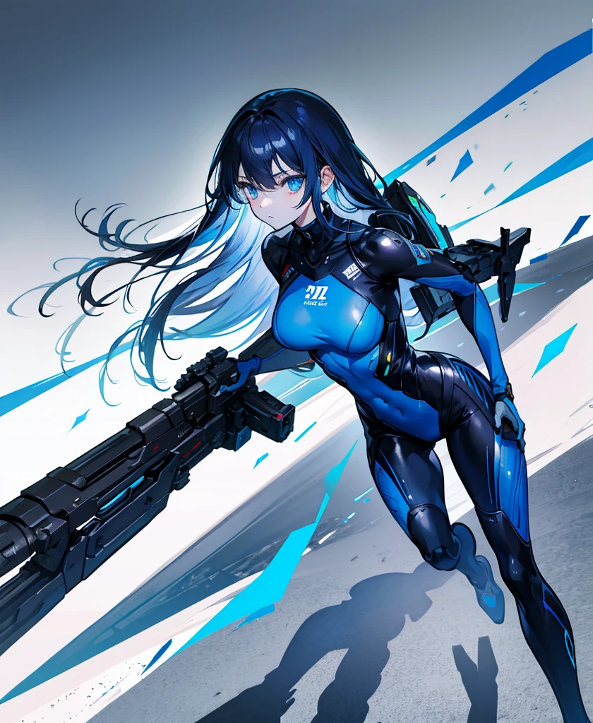 no background,girl,carry a firearm,Enamel-like tight suit,use of firearms,dark blue long hair,attention arousal,blue colored eyes,no gradation
