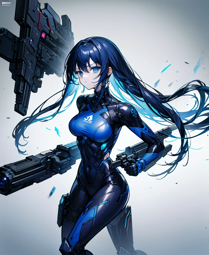 no background，girl，carry a firearm，Enamel-like tight suit，use of firearms，dark blue long hair，attention arousal，blue colored eyes,no gradation