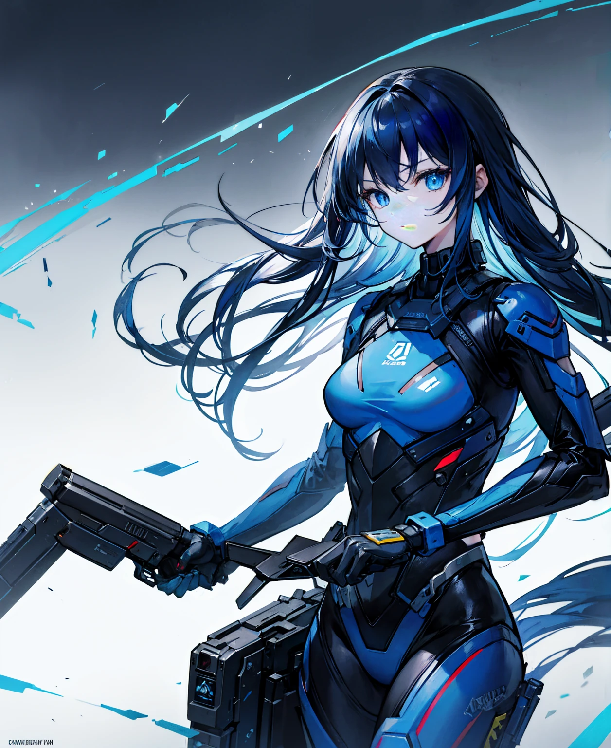 no background,girl,carry a firearm,Enamel-like tight suit,use of firearms,dark blue long hair,attention arousal,blue colored eyes,no gradation