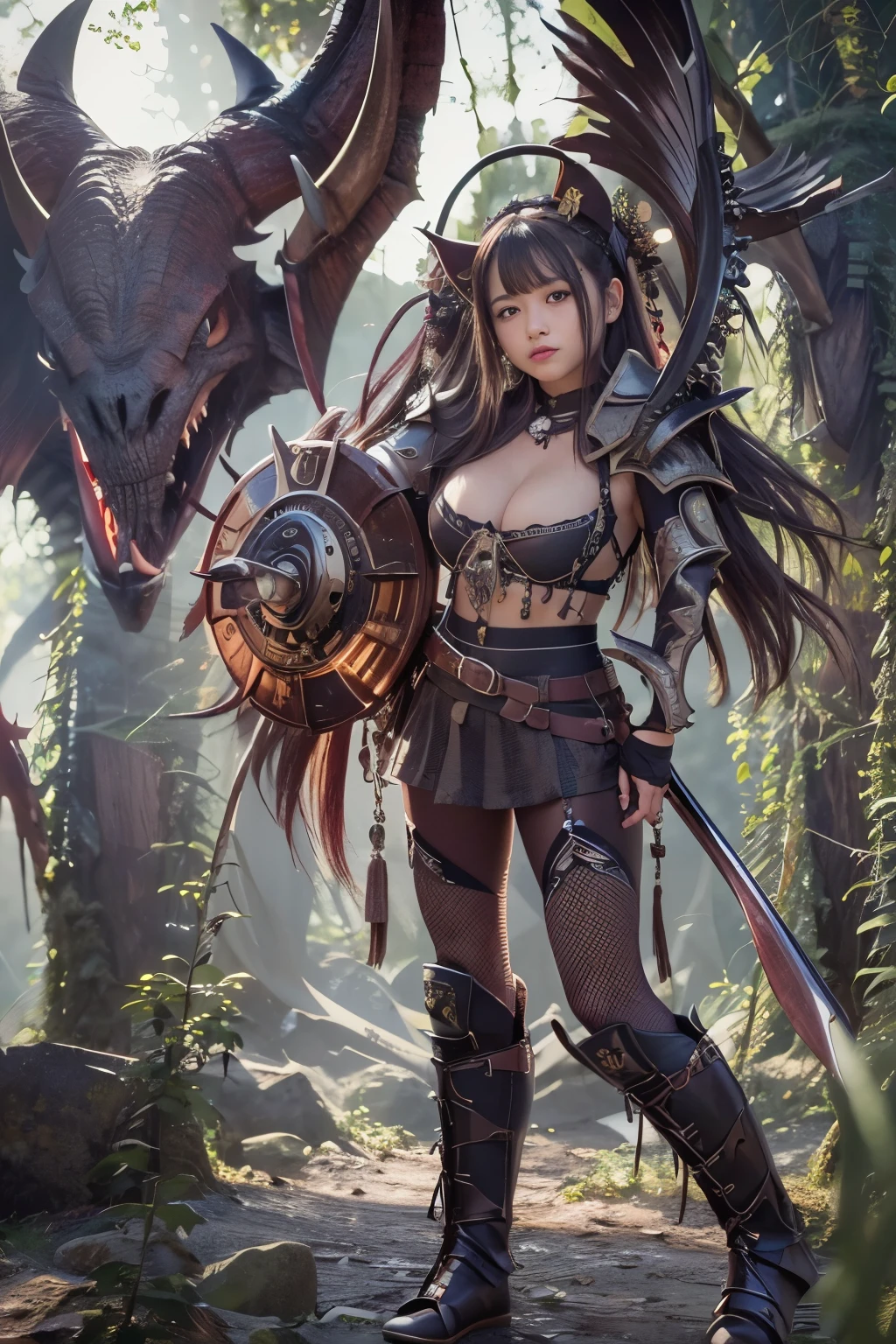 (masterpiece, best quality:1.2), (8k uhd, 16k, 32k, ultra high res), (photorealistic:1.37), (RAW photo), ultimate-realistic, ultimate-realistic details, ultimate-realistic texture, ultimate-intricate details, ultimate-realistic lighting, ultimate-realistic shadow, japanese girl, ultimate-cute face, ultimate-RAW skin, ultimate-realistic eyes, full body, wide shot, Demon, heavy armor, club, brown skin, fangs, in cave