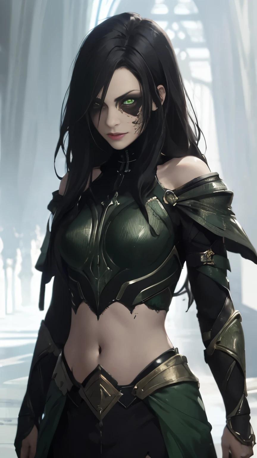 (Highly quality, masterpiece, detailed), undead city detailed scenario, undead city detailed background, 1girl, black hair, long hair, armor, bare shoulders, green eyes, crop top, silme, navel, perfect face, beautiful eyes, look at the viewer, Sexy pose