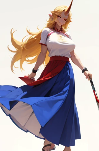 hoshiguma yuugi,1girl,single horn, pointy ears, blonde hair, long hair,yellow eyes,s ,white shirt,skirt,, muscle girl, huge breast,walking, single horn, long skirt, flip flops, sharpteeth, smile, tomboy,very long skirt, blue and red skirt, traditional germanic dress, red eyes, medieval city,full body