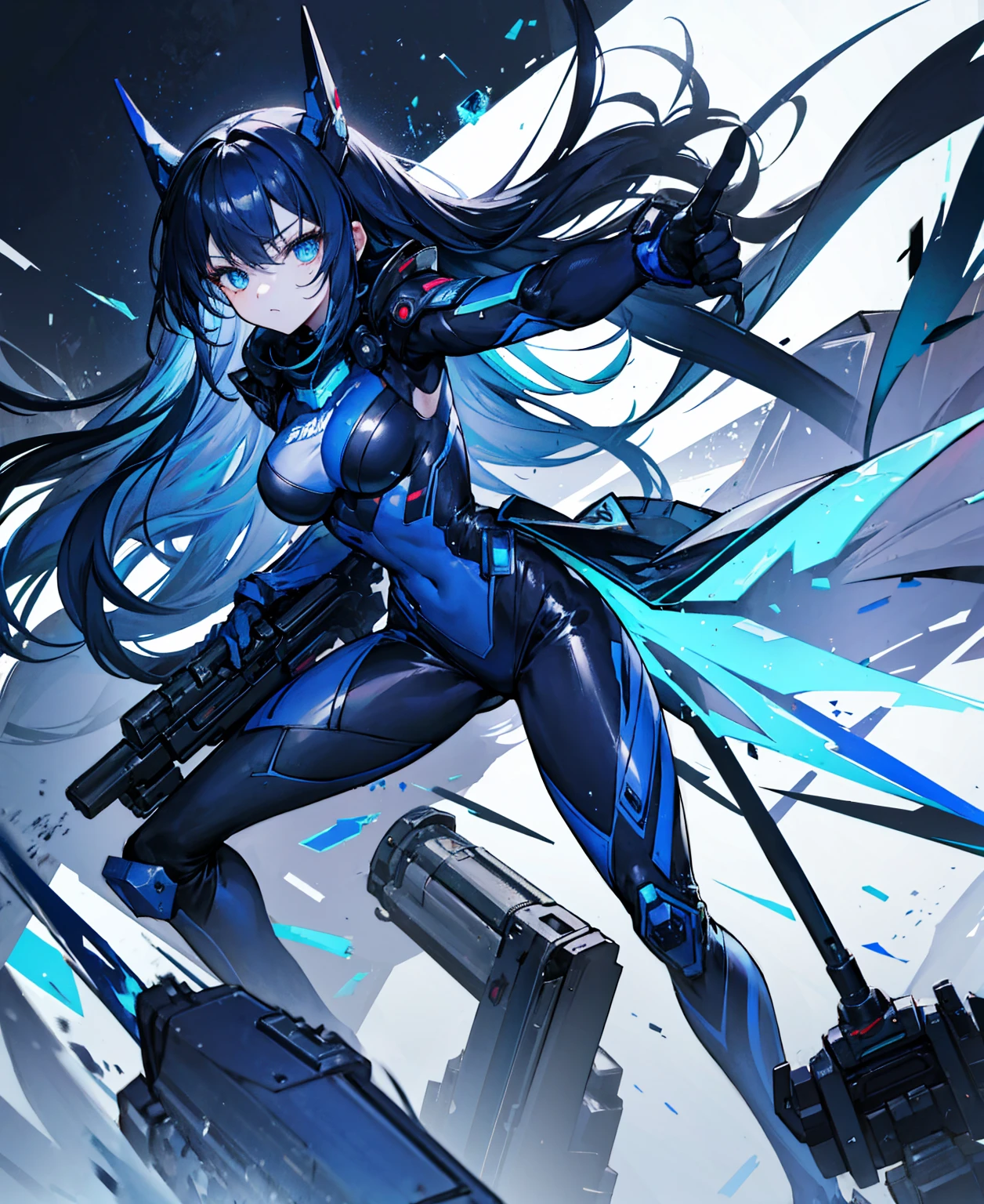no background，girl，carry a firearm，Enamel-like tight suit，use of firearms，dark blue long hair，attention arousal，blue colored eyes,no gradation