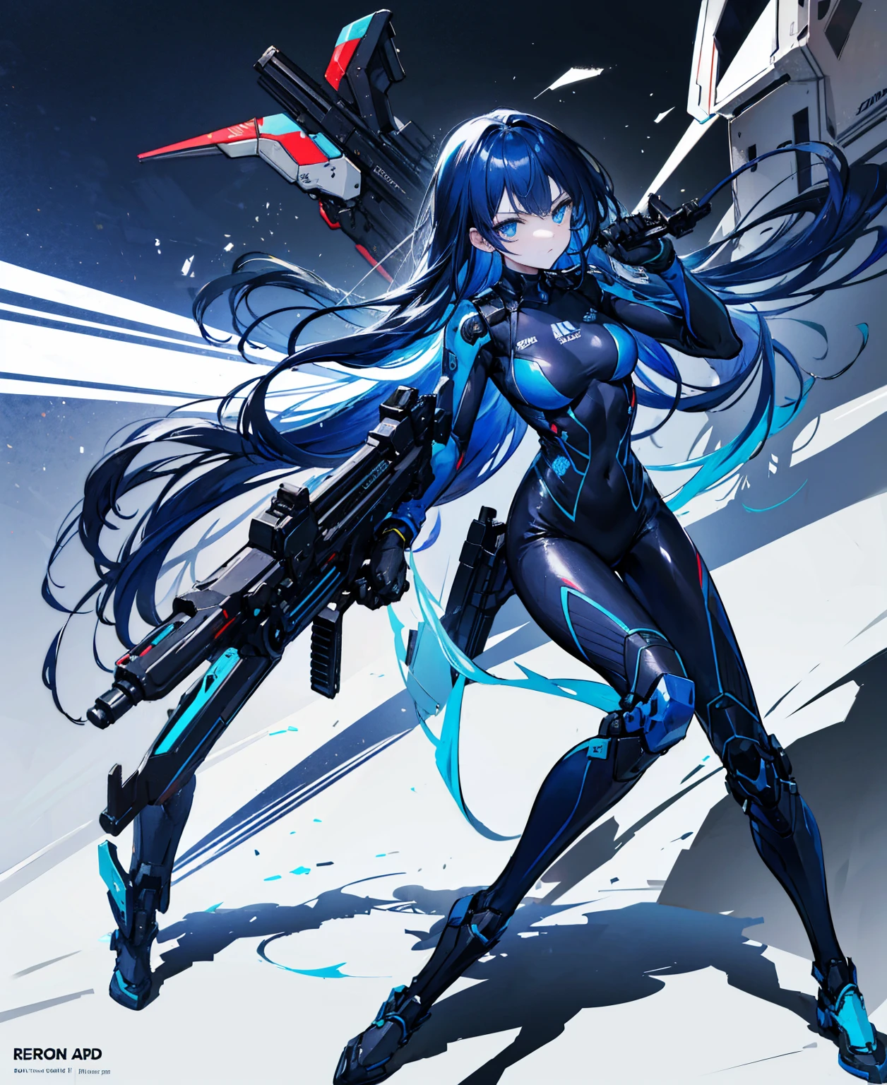 no background，girl，carry a firearm，Enamel-like tight suit，use of firearms，dark blue long hair，attention arousal，blue colored eyes,no gradation