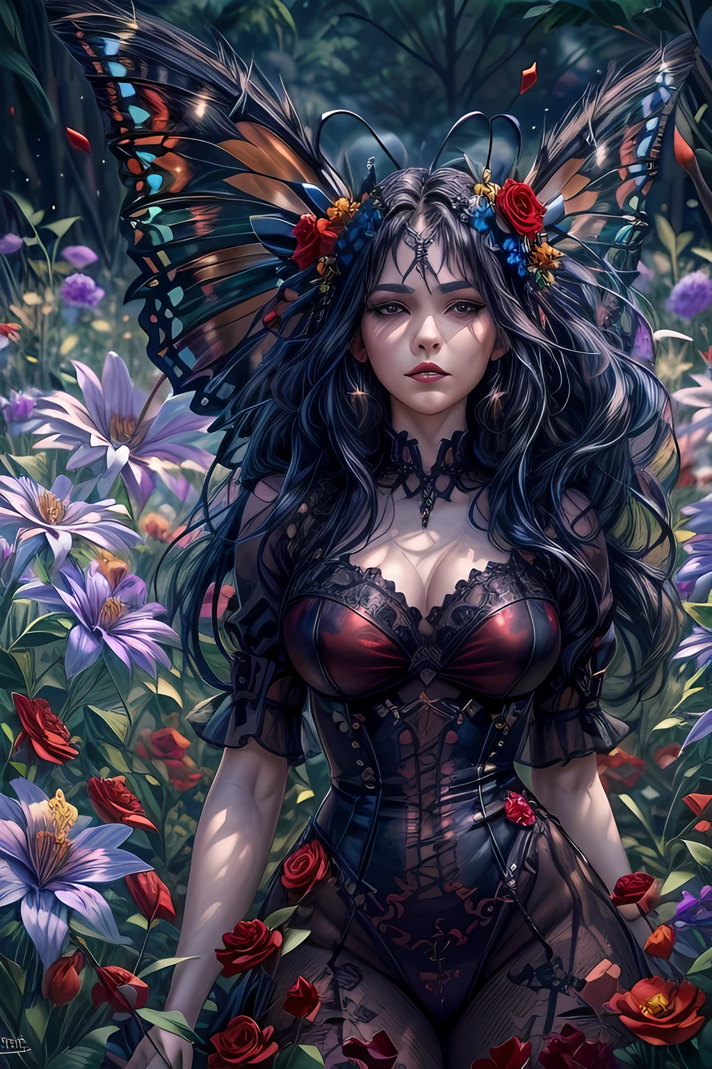 high details, best quality, 16k, RAW, [best detailed], masterpiece, best quality, (extremely detailed), full body, ultra wide shot, photorealistic, dark fantasy art, goth art, RPG art, D&D art, a picture of a dark female fairy resting in a flower meadow, extremely beautiful fairy, ultra feminine (intense details, Masterpiece, best quality), best detailed face (intense details, Masterpiece, best quality), having wide butterfly wings, spread butterfly wings (intense details, Masterpiece, best quality), dark colors wings (intense details, Masterpiece, best quality), blue hair, long hair, shinning hair, flowing hair, shy smile, innocent smile, (red: 1.3) eyes, dark red lips, wearing [red] dress latex corset (intense details, Masterpiece, best quality), dynamic elegant shirt, chocker, wearing high heels, in dark colored flower meadow (intense details, Masterpiece, best quality), (red flowers: 1.2) , (black flowers: 1.2), (white flowers: 1.2), (blue flowers: 1.3) [extreme many flowers] (intense details, Masterpiece, best quality), dark colorful flowers (intense details, Masterpiece, best quality), flower meadow in a dark goth field background, dim light, cinematic light, High Detail, Ultra High Quality, High Resolution, 16K Resolution, Ultra HD Pictures, 3D rendering Ultra Realistic, Clear Details, Realistic Detail, Ultra High Definition, DonMF41ryW1ng5XL