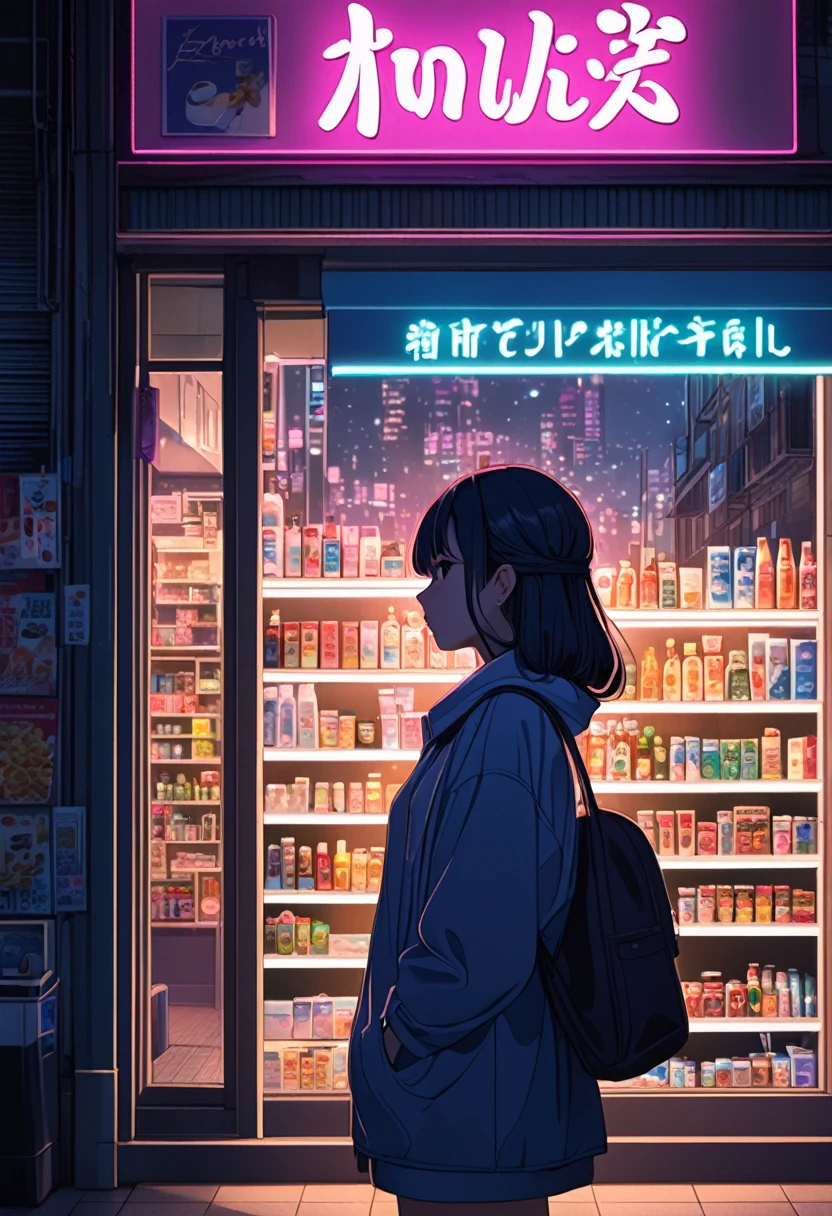 1girl, midnight convenience store, aesthetic, vibrant city lights, dimly lit shelves full of snacks and drinks, a cashier with tired eyes, fluorescent lighting casting a soft glow, late-night customers browsing the aisles, flickering neon signs outside the store, a sense of mystery and solitude, a hazy atmosphere with a touch of nostalgia, cinematic and atmospheric, high-res details capturing the smallest nuances, a combination of realism and dream-like quality, urban aesthetic blending with a hint of surrealism, cool blue and purple tones, soft shadows and subtle highlights, an ambiance that evokes a sense of tranquility and possibility in the midst of the night.