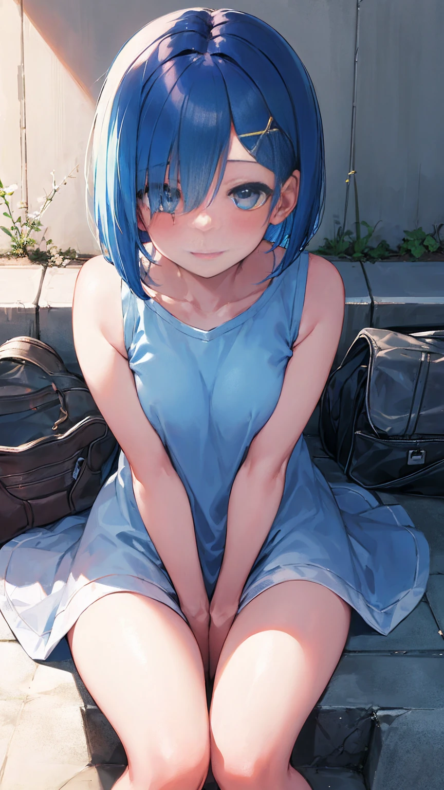 blue hair, Alsom \(Also:zero\), [smile], blush, city,, masterpiece, highest quality, perfect lighting, 1 girl, bob cut，bob hair，hair above one eye、hair accessory、Completely naked、open your legs、sitting on the ground、raise your knees、