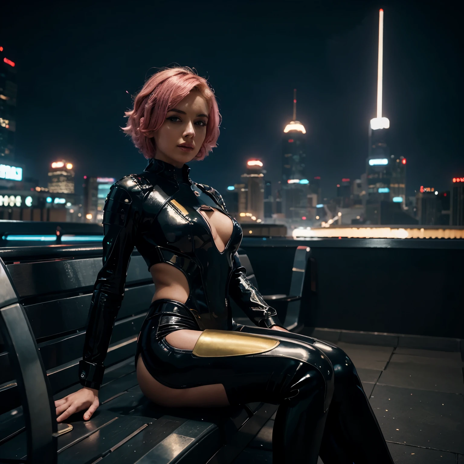 Very beautiful cybernetic girl, with short pink hair, slim, Futurism, cyberpunk, steampunk, dressed in a black and gold latex shiny futuristic suit with elements of space and ancient Indian epic, sits on a futuristic bench against the backdrop of a night futuristic city , The girl looks like Marilyn Monroe, night time, neon lights, cinematic quality, Masterpiece, high quality photo Cinematic Frame, Hasselblad X2D, ultra-detailed, photorealistic, cinematic quality