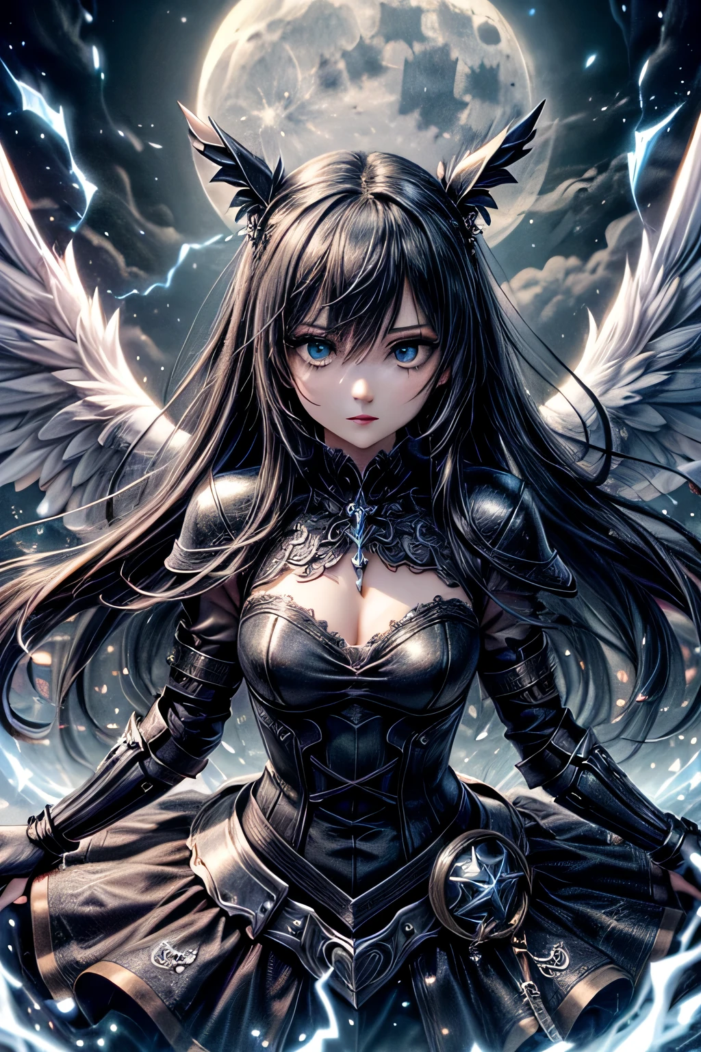 breathtaking, (best quality, masterpiece, super-resolution, 1girl, a beautiful gothic woman dressed in black armor with moon in background, angel gothic girl, white wings, straight_hair, jitome, black hair, full_body, long hair, flowing hair, blue eyes, black eyeshadow,longeyelashes, beautiful_detailed_eyes, thick lips, fighting pose, excessive energy, moonlight, charged aura, ice sparks,), award-winning, professional, highly detailed, depth of field, front pose,