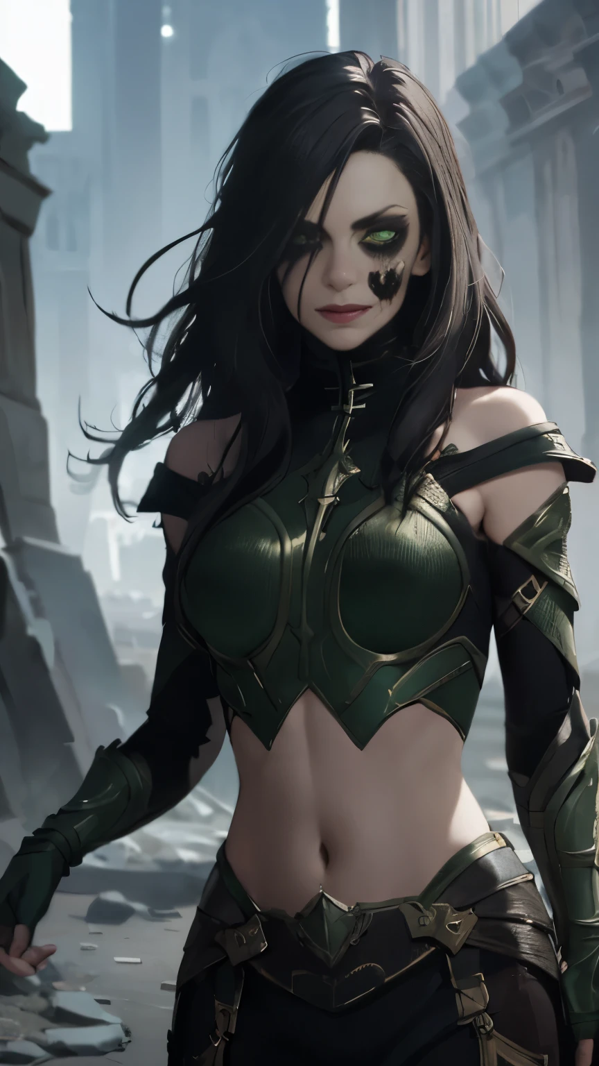 (Highly quality, masterpiece, detailed), undead city detailed scenario, undead city detailed background, 1girl, black hair, long hair, armor, bare shoulders, green eyes, crop top, silme, navel, perfect face, beautiful eyes, look at the viewer, Sexy pose