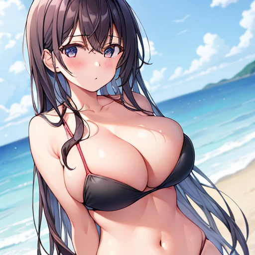 1girl in, lage breasts, Swimwear, Beach, Breast Focus, cleavage, skin dantation