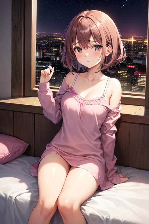 a 20 year old girl in bed wearing an pink bra and pink panties with cute short brown hair there a window are the back and there a city and its night (cute brown hair) (feels sexy)
