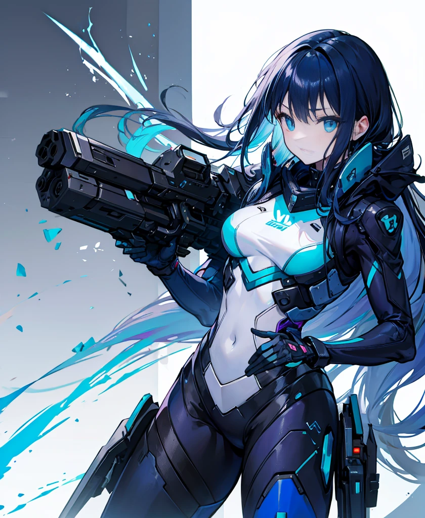 no background，girl，carry a firearm，Enamel-like tight suit，use of firearms，dark blue long hair，attention arousal，blue colored eyes,no gradation